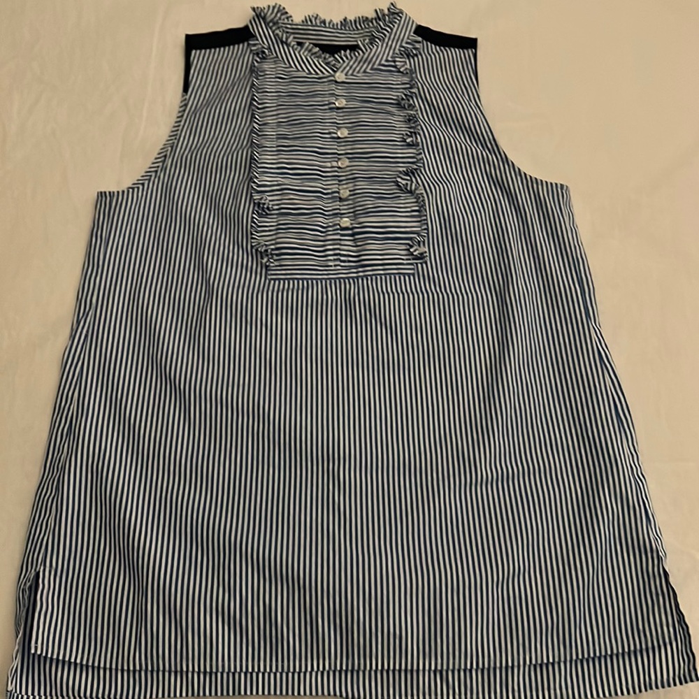J Crew Navy Blue striped ruffled shirt